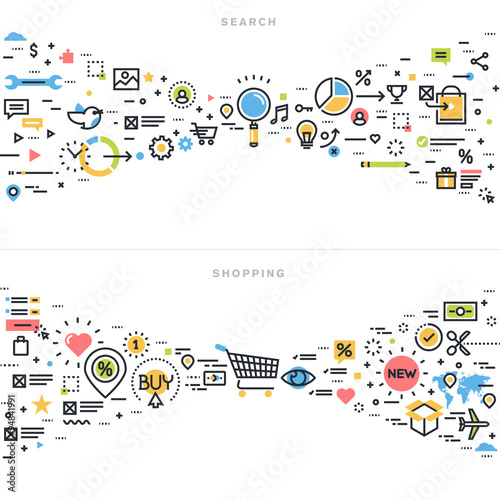 Flat line design vector illustration concepts for search results, seo, information finding, content analysis, shopping, e-commerce, retail shopping activity, for website banner and landing page.