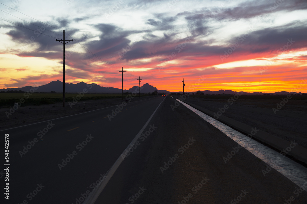 Arizona, Tucson, USA, April 5,2015, sunset on Arizona highway