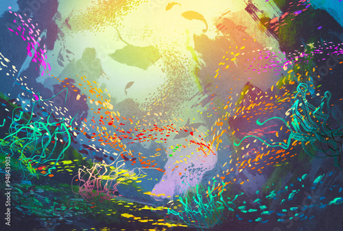 underwater with coral reef and colorful fish illustration painting