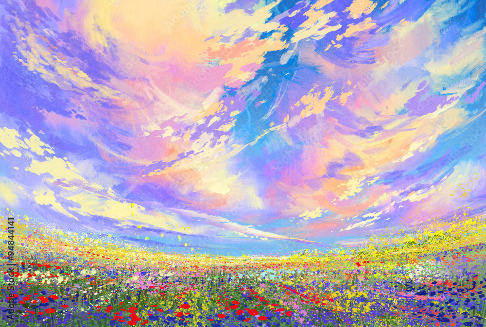 Fototapeta premium landscape painting,colorful flowers in field under beautiful clouds