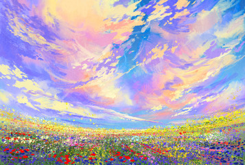 Acrylglasbilder Orange landscape painting,colorful flowers in field under beautiful clouds  © grandfailure