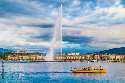 City of Geneva with famous Jet d'Eau fountain, Switzerland