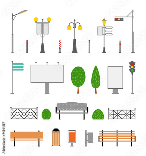 Vector City, Street, Park and Outdoor Elements Icons Set