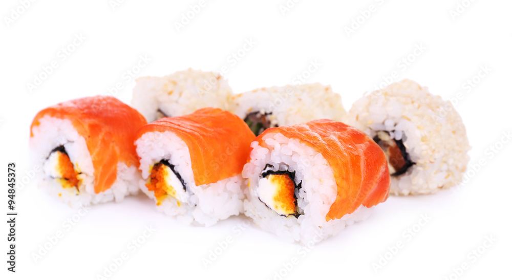Tasty rolls with salmon isolated in white Tasty rolls with salmon isolated in white