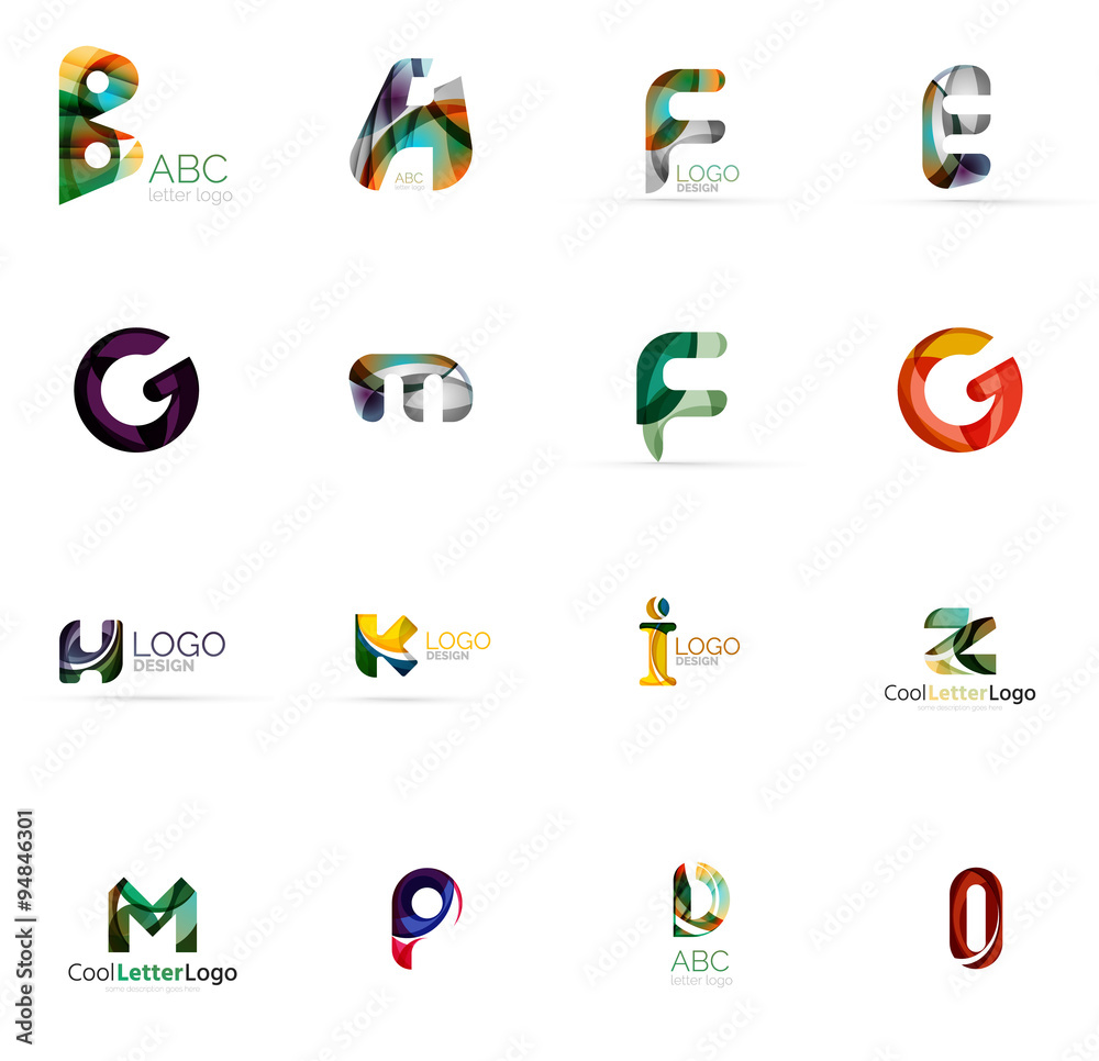 Set of colorful abstract letter corporate logos created with overlapping flowing shapes. Universal business icons for any idea isolated on white