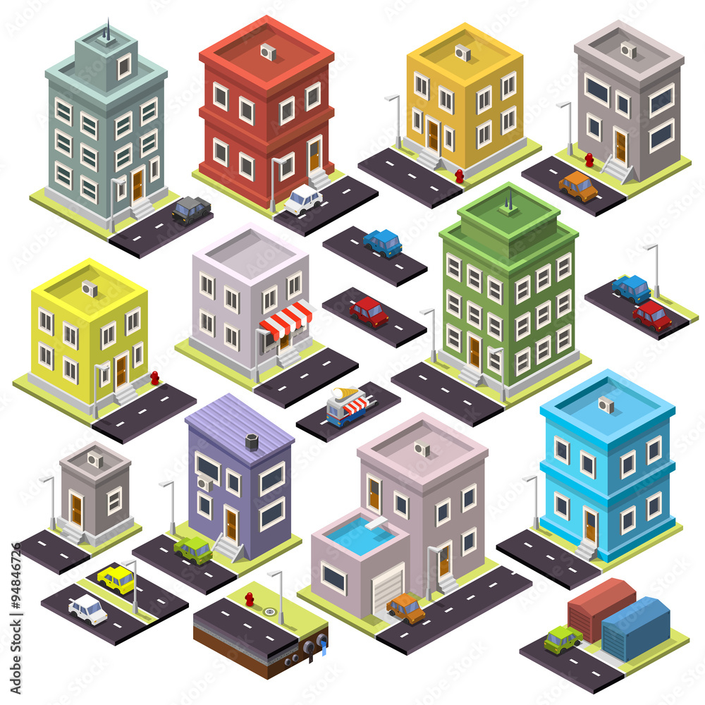 Set of home and road with cars isometric Set of home and road with cars isometric