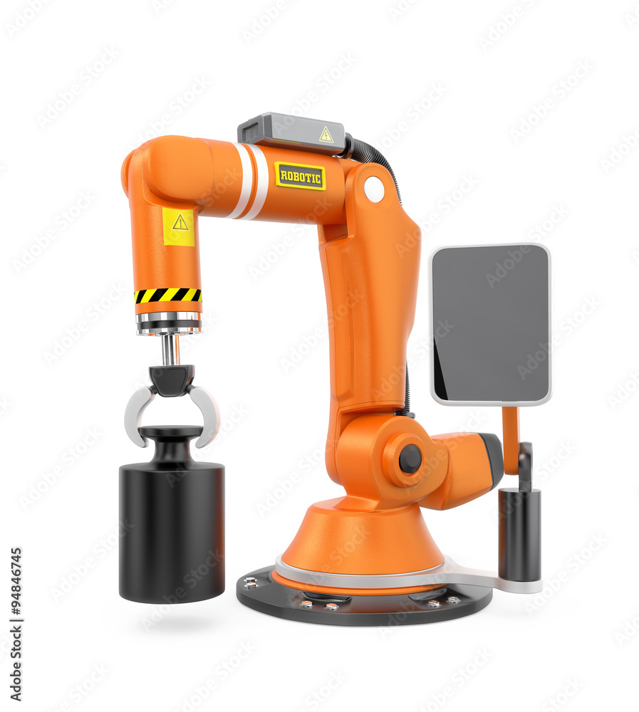 Orange robotic arm with touch panel screen. User can setting task schedule by this smart system. Original design. Orange robotic arm with touch panel screen. User can setting task schedule by this smart system. Original design.