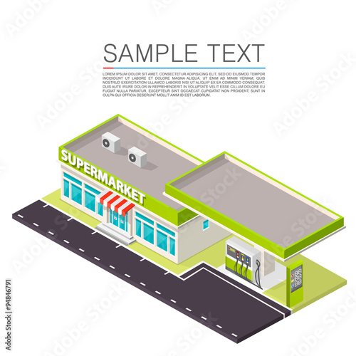 Supermarket with petrol station on the roadside