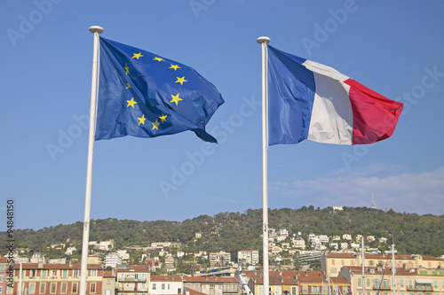 The flags of the European Union and of France, flying in France