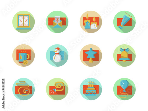 Winter holidays colored round icons set
