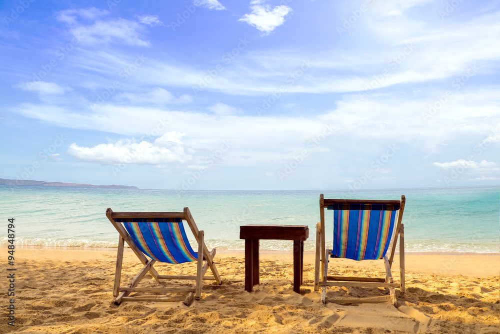 Koh Chang Island Beach with Sunbeds Vacation and Tourism concept.Thailand Sea Koh Chang Island Beach with Sunbeds Vacation and Tourism concept.Thailand Sea