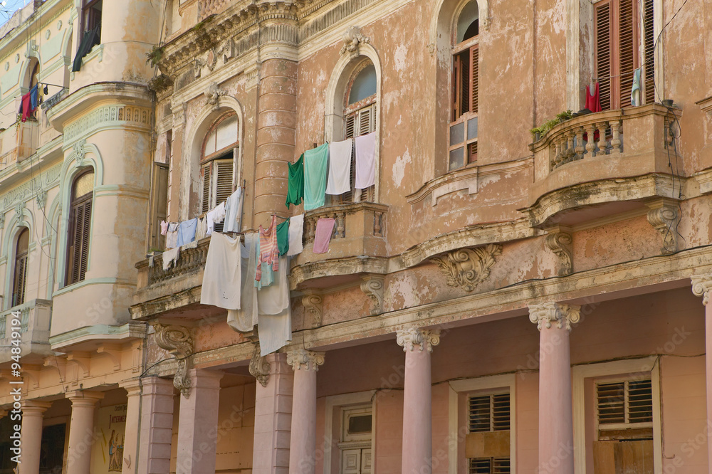 Old buildings with laundry in Old Havana, Cuba