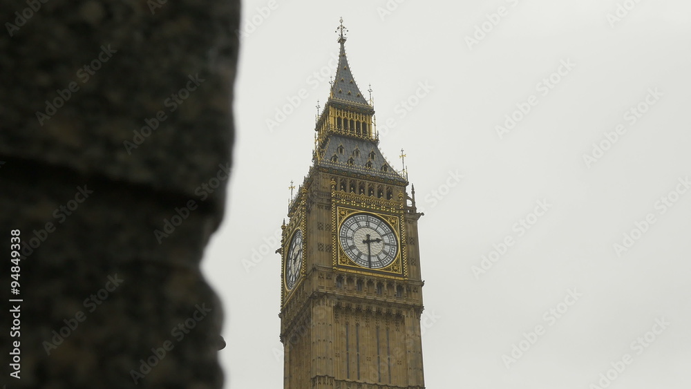 Big Ben Tower view on rainy day. The tower holds the second largest