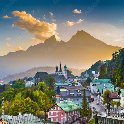 Historic town of Berchtesgaden with Watzmann at sunset, Bavaria, Germany