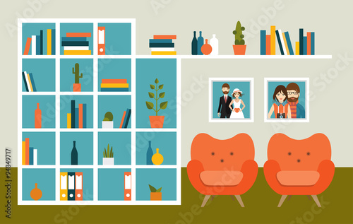 Living room wall with orange armchairs and book shelves. Flat design vector illustration.