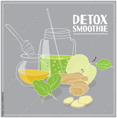 Green detox smoothie recipe. Vector illustration.