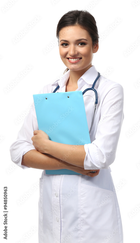 Smiling medical doctor holding a folder isolated on white Smiling medical doctor holding a folder isolated on white
