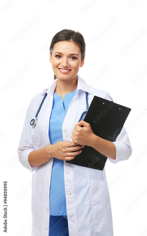 Smiling medical doctor holding a folder isolated on white Smiling medical doctor holding a folder isolated on white