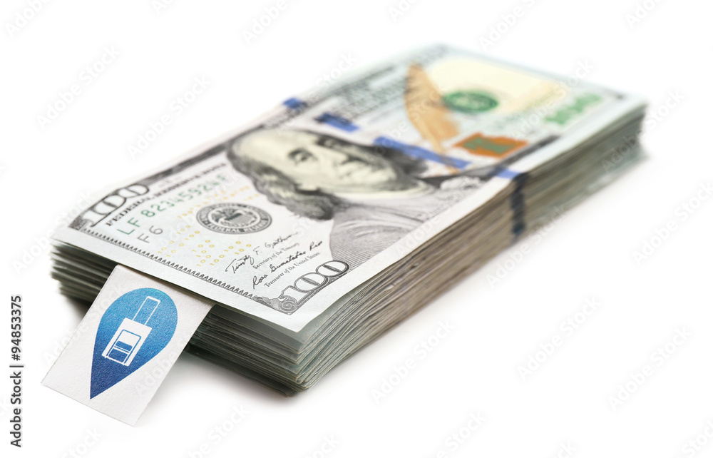 Pack with many hundred dollars for trips, isolated on white Pack with many hundred dollars for trips, isolated on white
