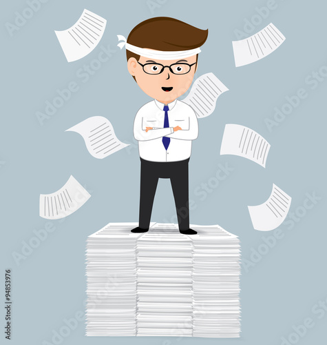 Businessman standing on pile of paper, business concept, vector 10