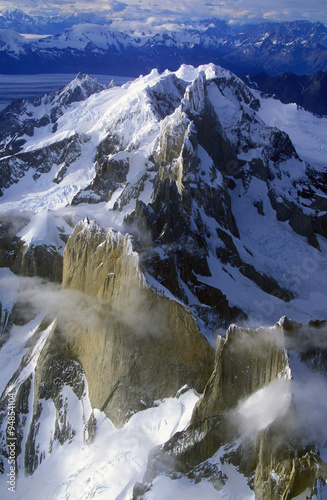 Aerial view at 3400 meters of Mount Fitzroy, Cerro Torre Range and Andes Mountains, Patagonia, Argentina