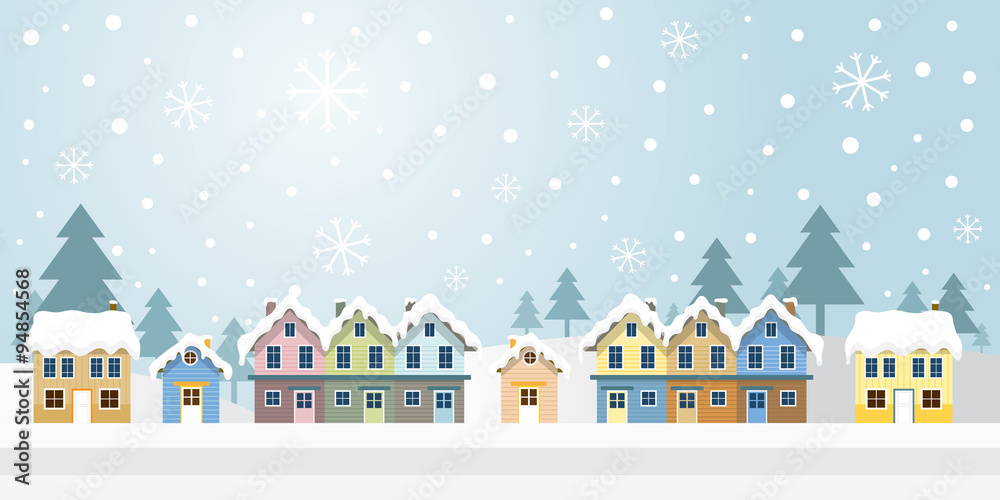 Winter Houses with Snowing Background, Panorama, Mountain and Forrest Scene