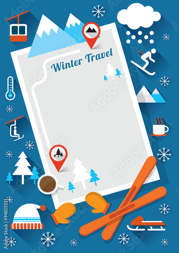 Winter Icons Frame and Background, Snow, Travel and Vacation photo