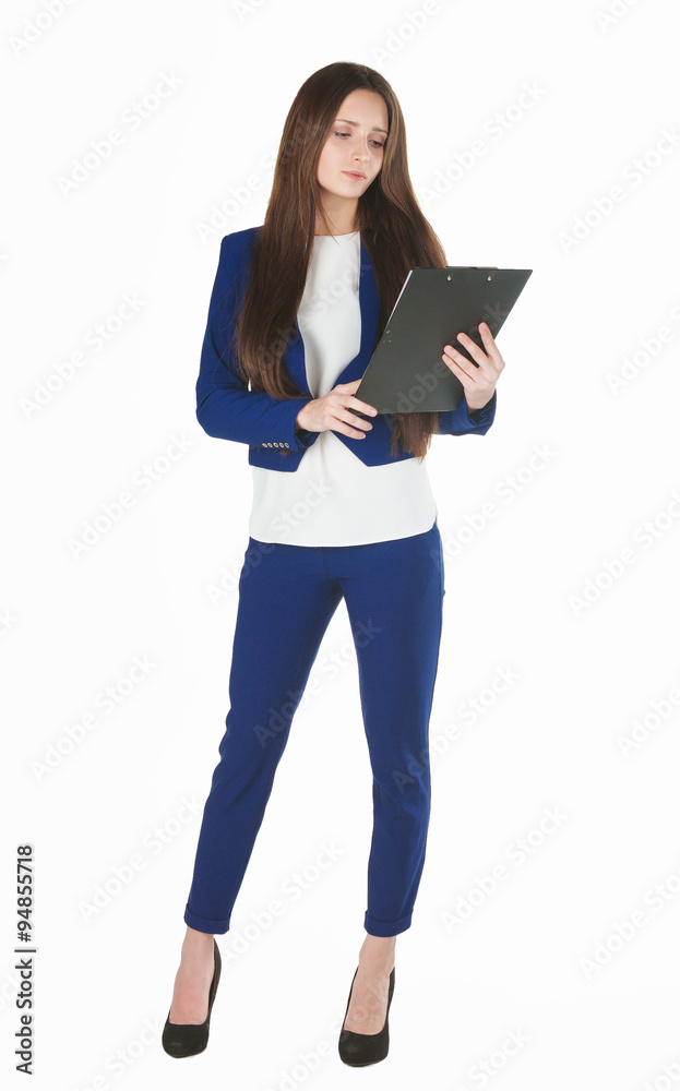 Young beautiful business woman in blue costume holds a holder. Young beautiful business woman in blue costume holds a holder.