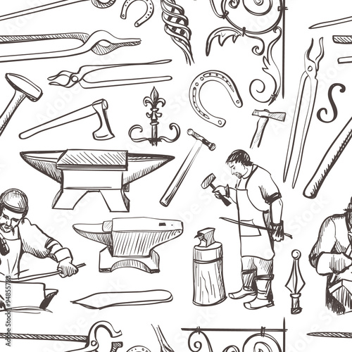 Seamless pattern with objects on blacksmith theme
