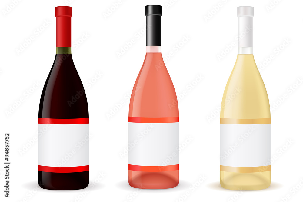 Bottles of wine - red, white and rose. Bottles of wine - red, white and rose.