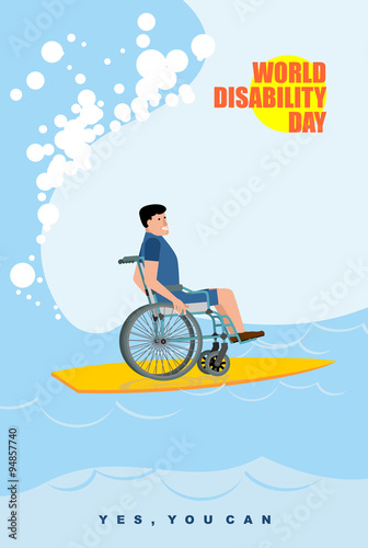 World Disabilities day. Man in wheelchair floats on Board for su