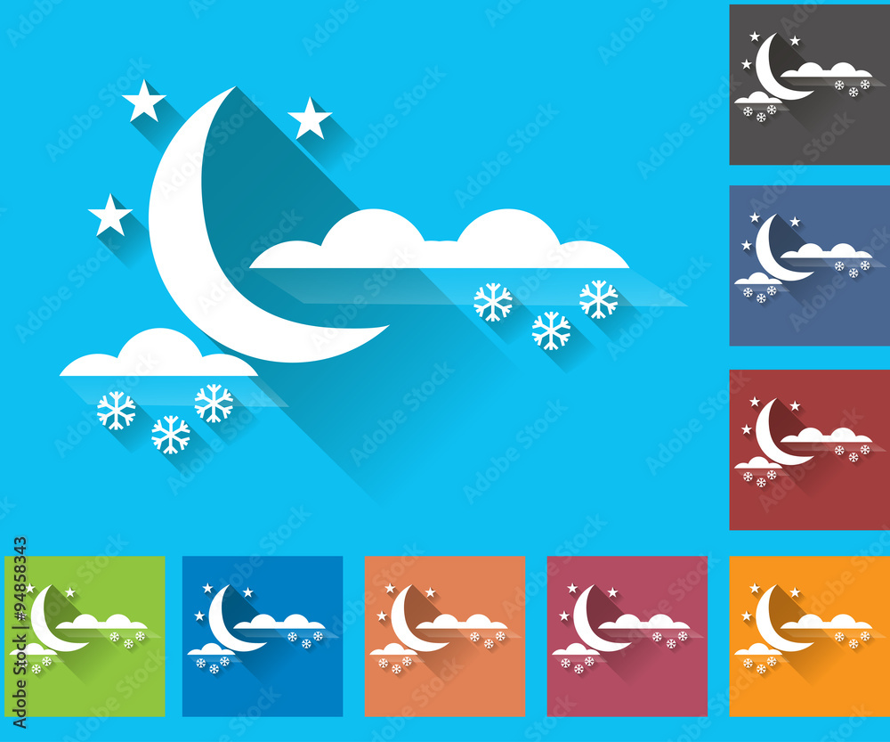 Weather icons set in a flat style. Overcast and snow. Moon. Multicolored icons for weather forecasting.