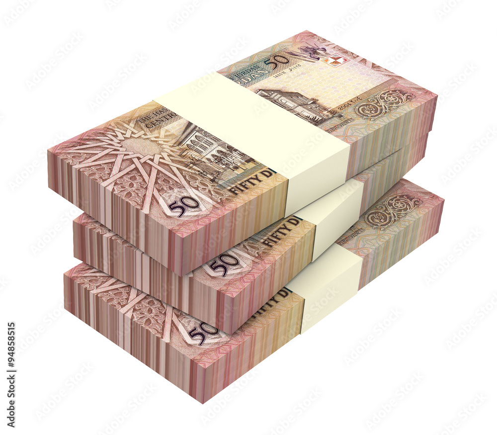 Jordan dinars bills isolated on white background. Computer generated 3D photo rendering. Jordan dinars bills isolated on white background. Computer generated 3D photo rendering.