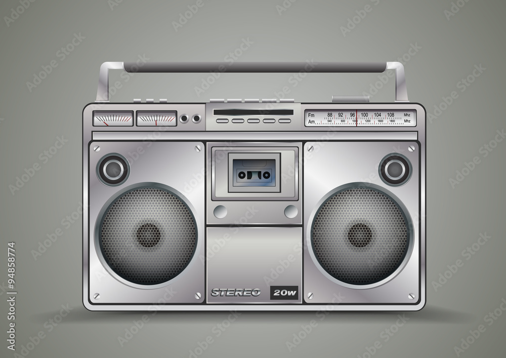 Vintage tape recorder for audio cassettes. Music boombox. Vector illustration
