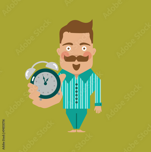 Man character wake up hold alarm time clock in pajamas, pyjamas