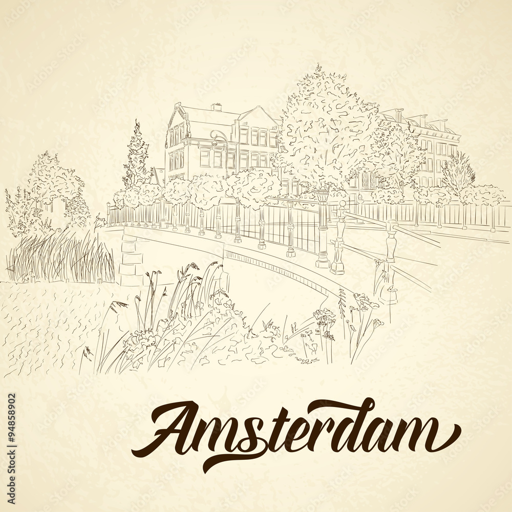 Vector city sketching on vintage background. Amsterdam, Netherlands