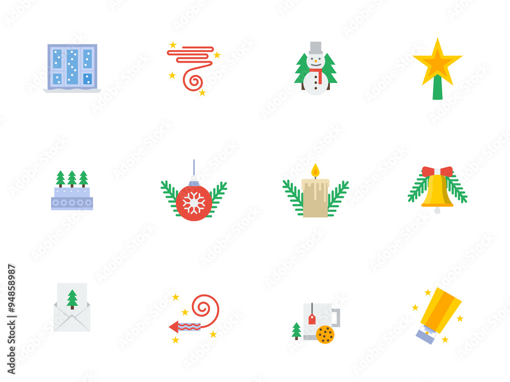 Christmas events symbols flat color vector icons