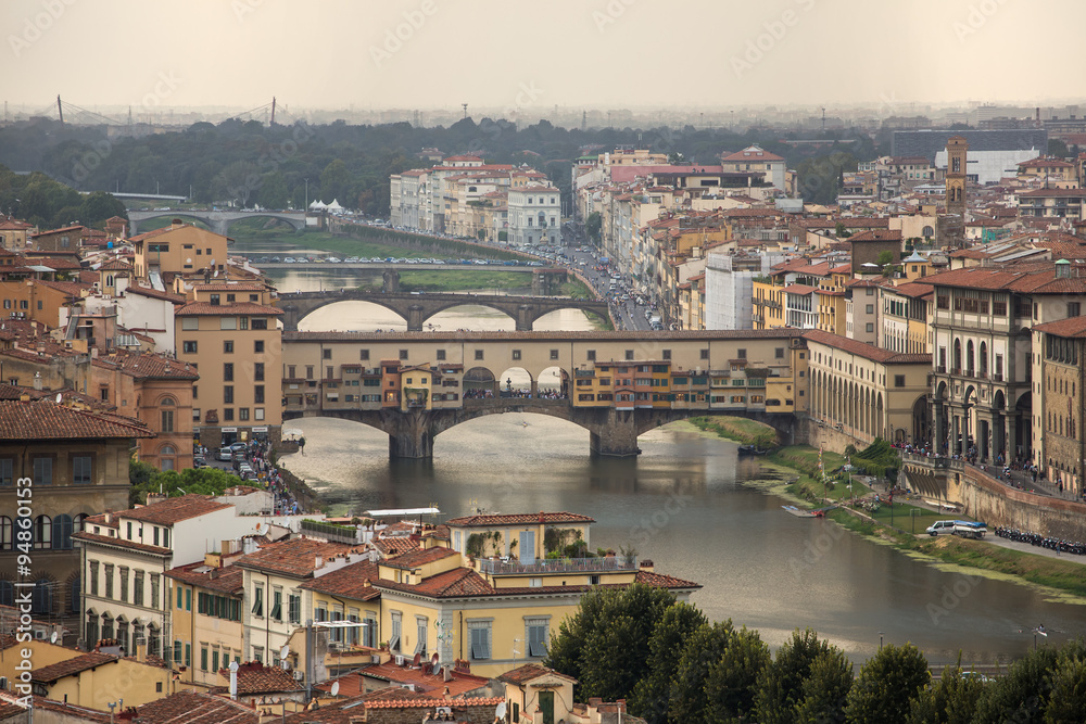 View of the beautiful city Florence with amazing bridge Ponte Ve