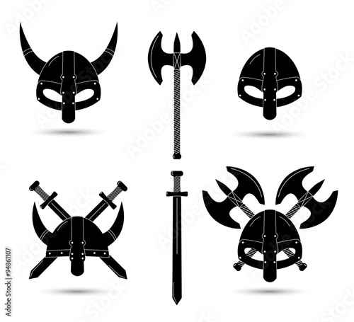 Vector set of monochrome viking elements isolated on white background