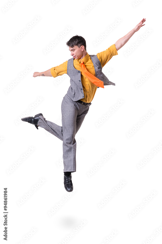 Disco dancer jumping against isolated white Disco dancer jumping against isolated white