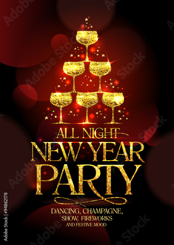 All night New Year party poster with chic golden headline and golden stack of champagne glasses.