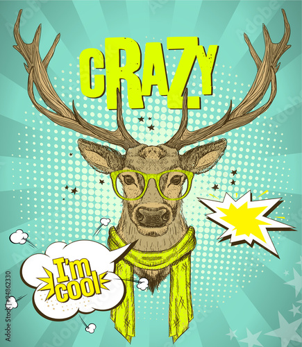 Pop-art style poster with hipster deer dressed in yellow glasses and scarf, telling I am cool.