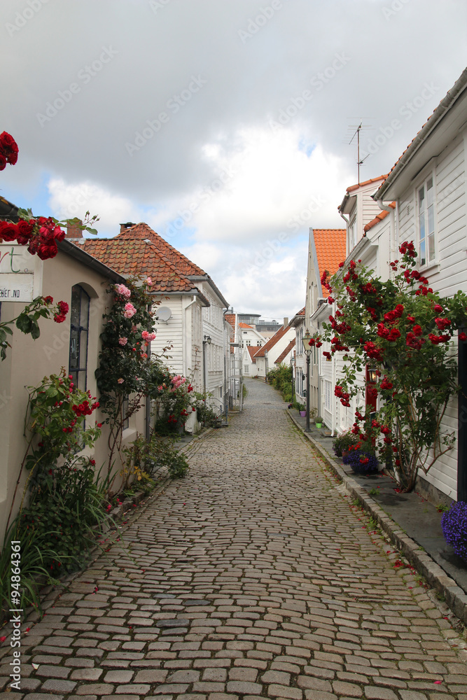 Decorated streets in the old town in Stavanger, Norway