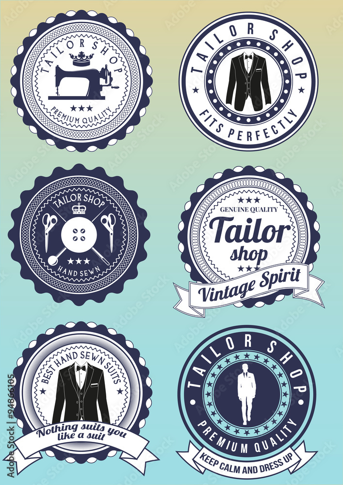 Set of dark blue round badges for tailor shops