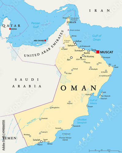 Oman political map with capital Muscat, national borders and important cities. English labeling and scaling. Illustration.