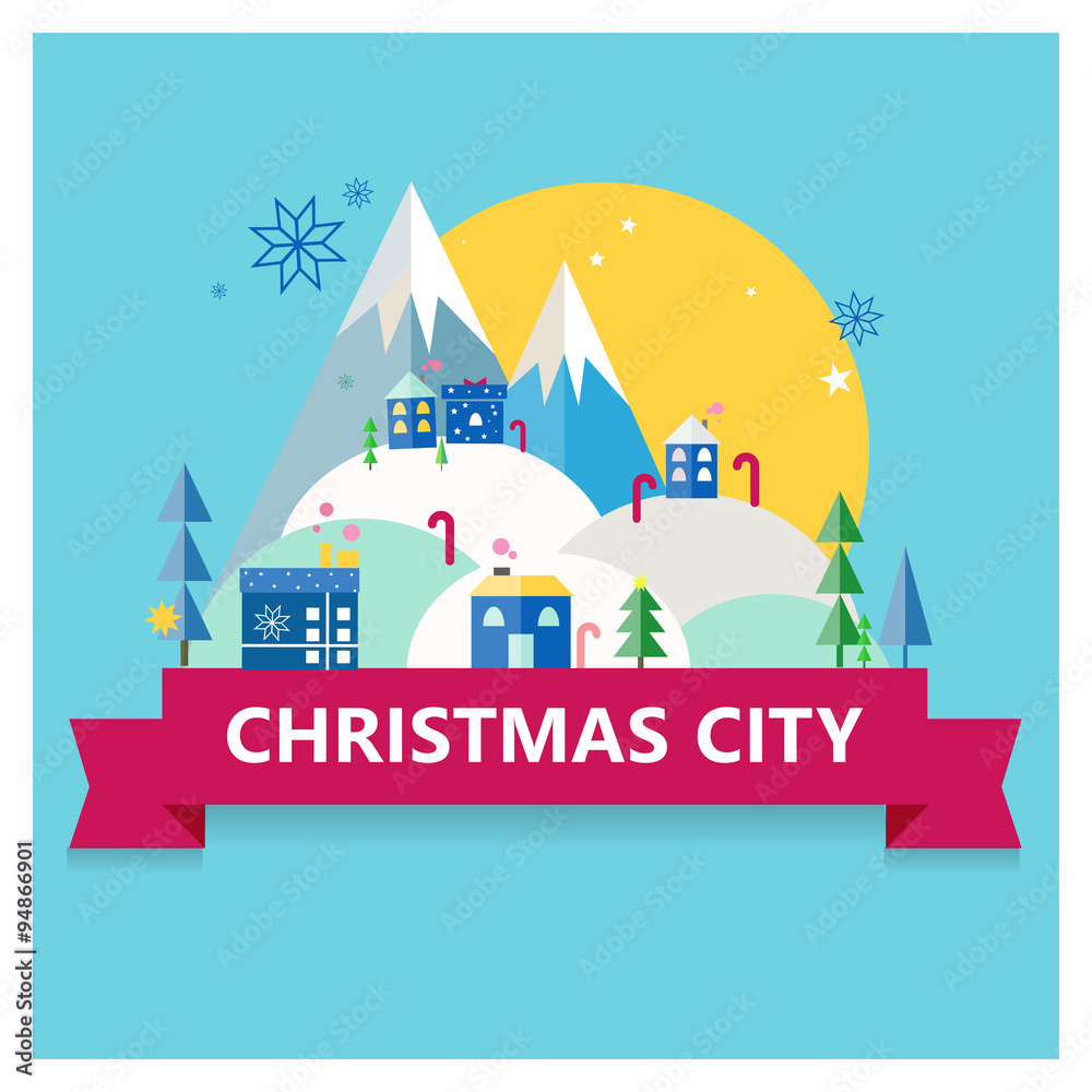 Flat Christmas colorful city. Mountain, trees, houses,snow, snowflakes holiday illustration on blue background with red ribbon.