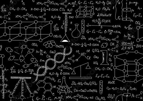 Scientific vector seamless pattern with chemical and physical formulas, plots and schemes. Endless texture. You can use any color of background