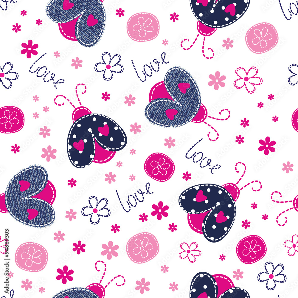 Naklejka premium Cute baby seamless pattern with ladybugs, flowers and lettering