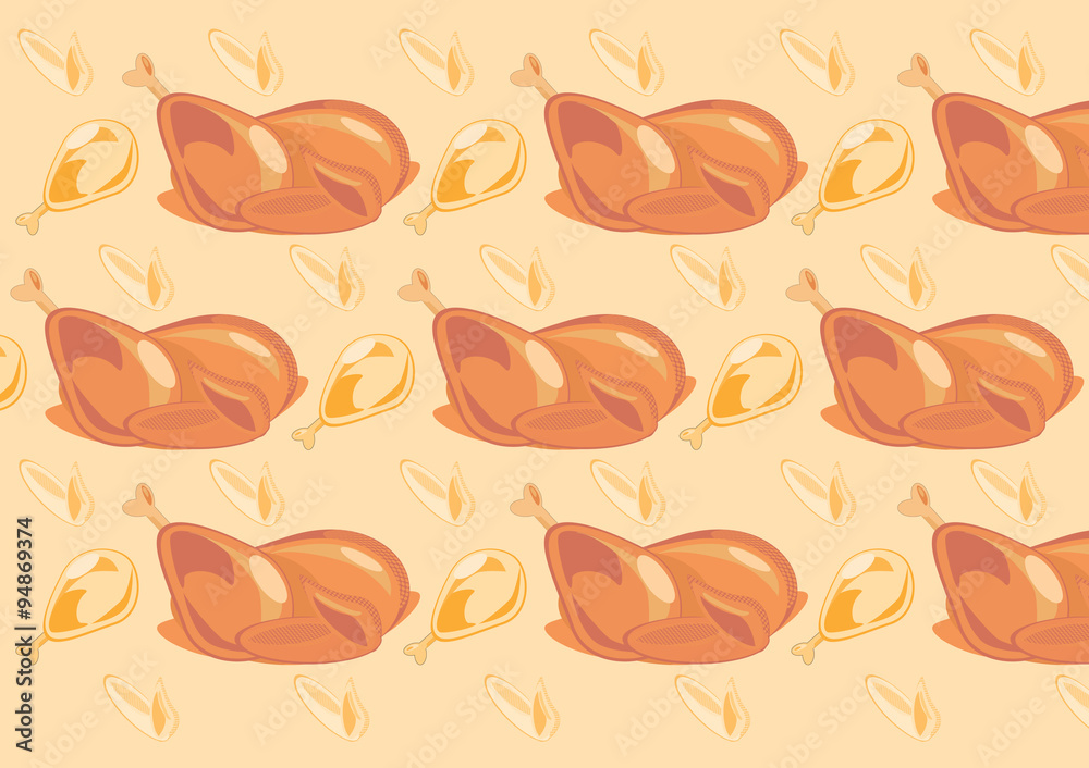 seamless pattern of roast legs and wings of chicken turkeys for thanksgiving and Christmas, background, packing wrapping paper, vector illustration