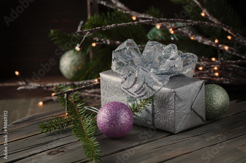 Christmas decor on the vintege table photo